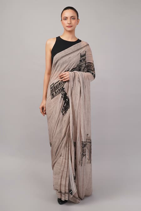 Abraham And Thakore_Gray Viscose Georgette Sequins Architecture Print Saree _Online_at_Aza_Fashions