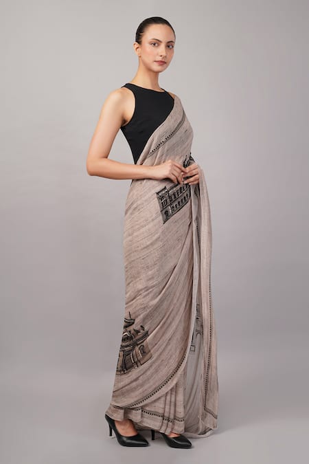 Buy_Abraham And Thakore_Gray Viscose Georgette Sequins Architecture Print Saree _Online_at_Aza_Fashions