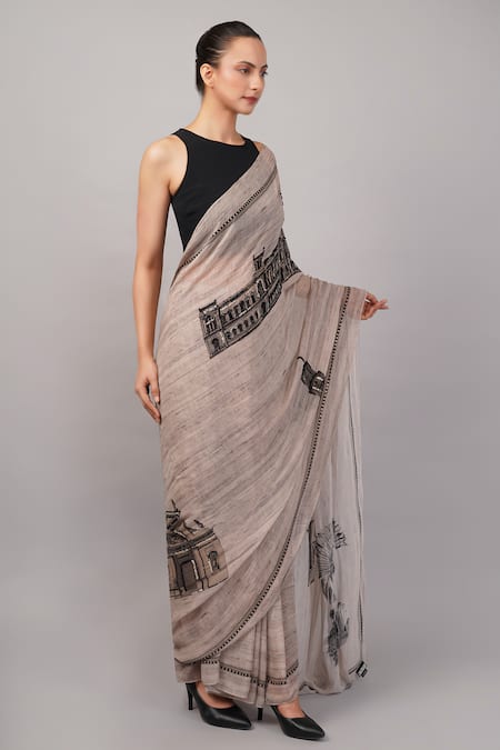 Shop_Abraham And Thakore_Gray Viscose Georgette Sequins Architecture Print Saree _Online_at_Aza_Fashions