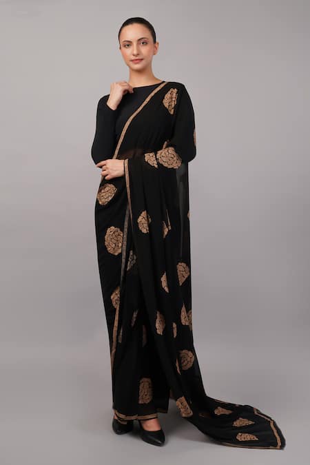 Abraham And Thakore_Black Viscose Georgette Embroidery, Sequins Aari Flower Saree _Online_at_Aza_Fashions
