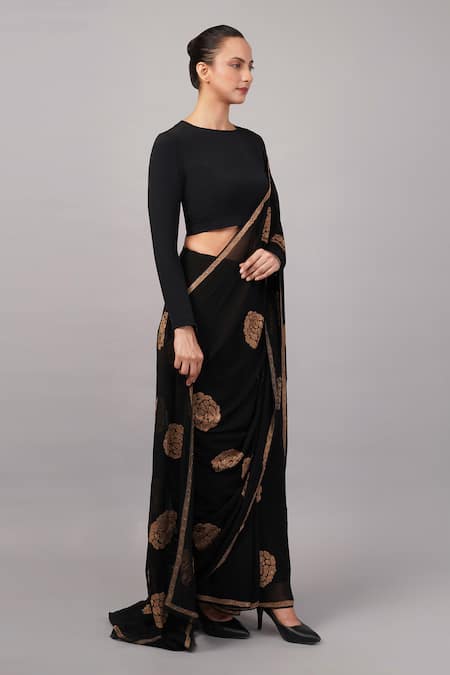 Buy_Abraham And Thakore_Black Viscose Georgette Embroidery, Sequins Aari Flower Saree _Online_at_Aza_Fashions