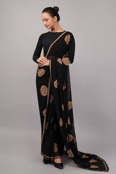 Shop_Abraham And Thakore_Black Viscose Georgette Embroidery, Sequins Aari Flower Saree _Online_at_Aza_Fashions