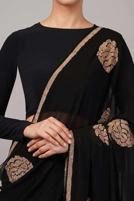 Abraham And Thakore_Black Viscose Georgette Embroidery, Sequins Aari Flower Saree _at_Aza_Fashions