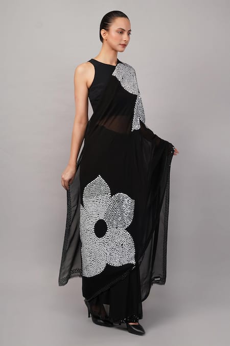 Abraham And Thakore_Black Viscose Georgette Sequins Flower Saree _Online_at_Aza_Fashions