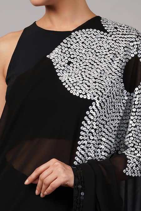 Buy_Abraham And Thakore_Black Viscose Georgette Sequins Flower Saree _Online_at_Aza_Fashions