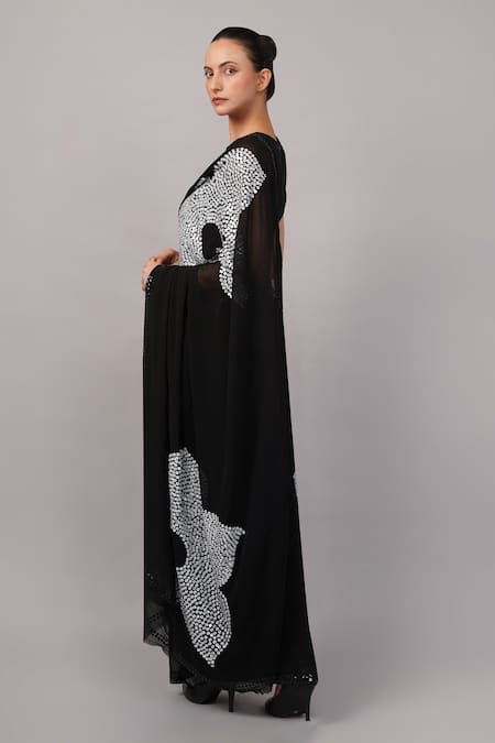 Shop_Abraham And Thakore_Black Viscose Georgette Sequins Flower Saree _Online_at_Aza_Fashions