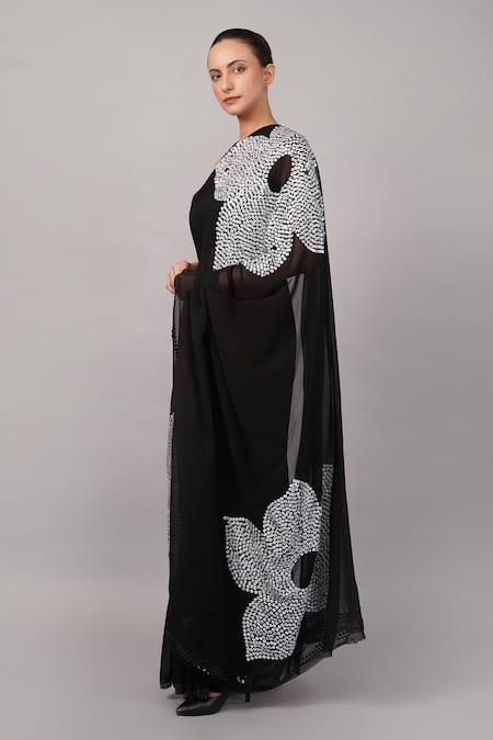Abraham And Thakore_Black Viscose Georgette Sequins Flower Saree _at_Aza_Fashions