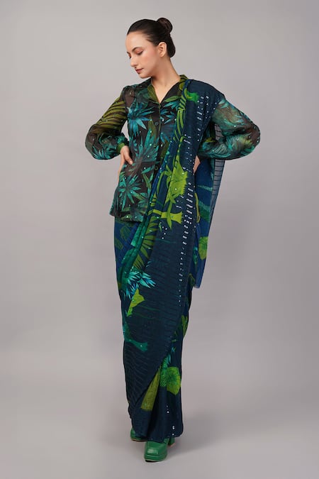 Abraham And Thakore_Green Viscose Georgette Sequins Jungle Organza Saree _Online_at_Aza_Fashions