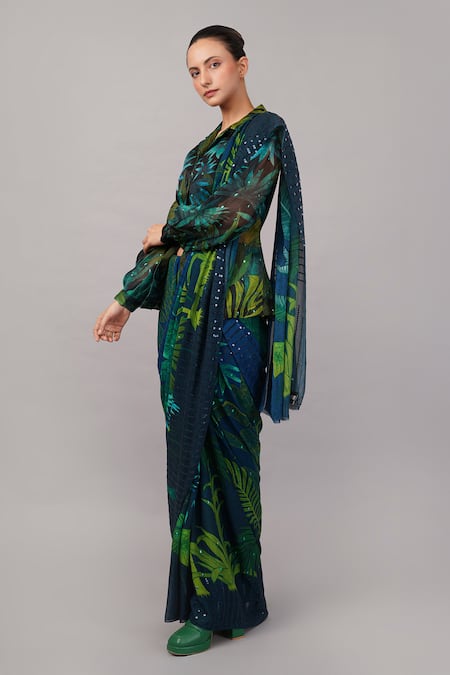 Buy_Abraham And Thakore_Green Viscose Georgette Sequins Jungle Organza Saree _Online_at_Aza_Fashions