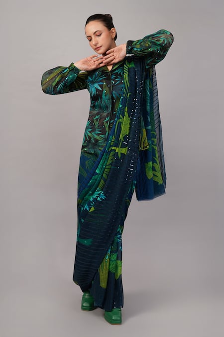 Abraham And Thakore_Green Viscose Georgette Sequins Jungle Organza Saree _at_Aza_Fashions