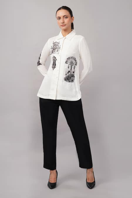 Abraham And Thakore Ivory Linen Sequins Collared Architecture Print Shirt Online at Aza Fashions Abraham And Thakore_Ivory Linen Sequins Collared Architecture Print Shirt _Online_at_Aza_Fashions