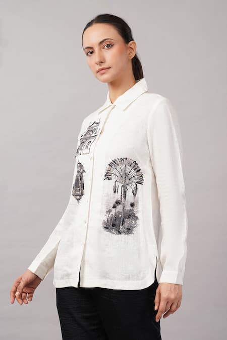 Buy Abraham And Thakore Ivory Linen Sequins Collared Architecture Print Shirt Online at Aza Fashions Buy_Abraham And Thakore_Ivory Linen Sequins Collared Architecture Print Shirt _Online_at_Aza_Fashions
