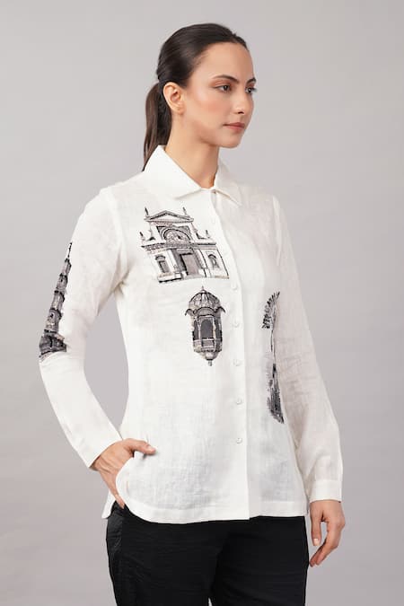 Shop Abraham And Thakore Ivory Linen Sequins Collared Architecture Print Shirt Online at Aza Fashions Shop_Abraham And Thakore_Ivory Linen Sequins Collared Architecture Print Shirt _Online_at_Aza_Fashions