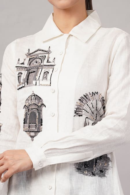 Abraham And Thakore Ivory Linen Sequins Collared Architecture Print Shirt at Aza Fashions Abraham And Thakore_Ivory Linen Sequins Collared Architecture Print Shirt _at_Aza_Fashions