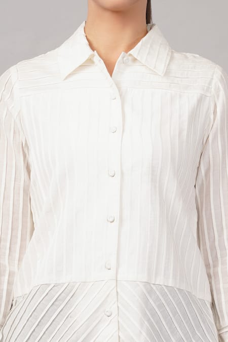 Abraham And Thakore_Ivory Cotton Collared Pleated Stripes Shirt _Online_at_Aza_Fashions