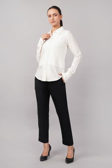 Buy_Abraham And Thakore_Ivory Cotton Collared Pleated Stripes Shirt _Online_at_Aza_Fashions