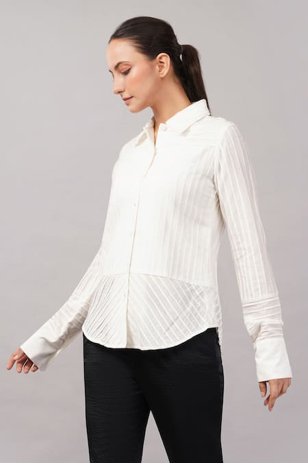Shop_Abraham And Thakore_Ivory Cotton Collared Pleated Stripes Shirt _Online_at_Aza_Fashions
