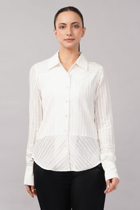 Abraham And Thakore_Ivory Cotton Collared Pleated Stripes Shirt _at_Aza_Fashions