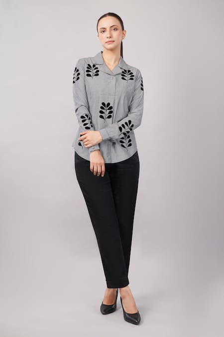 Buy Abraham And Thakore Black Cotton Applique Collared, V-neck Velvet Buta Shirt Online at Aza Fashions Buy_Abraham And Thakore_Black Cotton Applique Collared, V-neck Velvet Buta Shirt _Online_at_Aza_Fashions