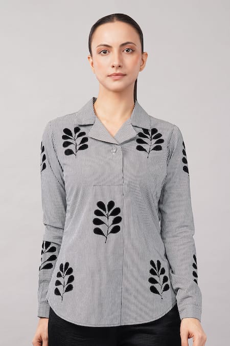 Shop Abraham And Thakore Black Cotton Applique Collared, V-neck Velvet Buta Shirt Online at Aza Fashions Shop_Abraham And Thakore_Black Cotton Applique Collared, V-neck Velvet Buta Shirt _Online_at_Aza_Fashions