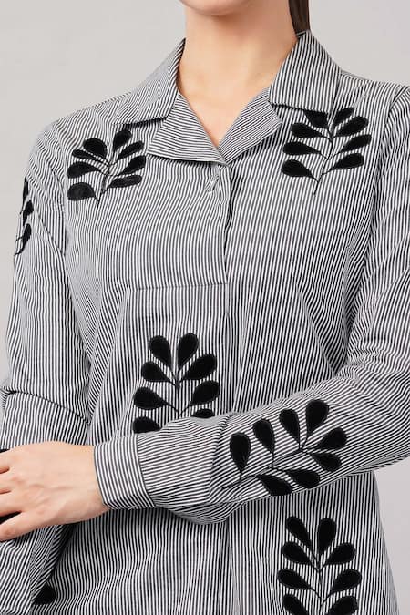 Abraham And Thakore Black Cotton Applique Collared, V-neck Velvet Buta Shirt at Aza Fashions Abraham And Thakore_Black Cotton Applique Collared, V-neck Velvet Buta Shirt _at_Aza_Fashions