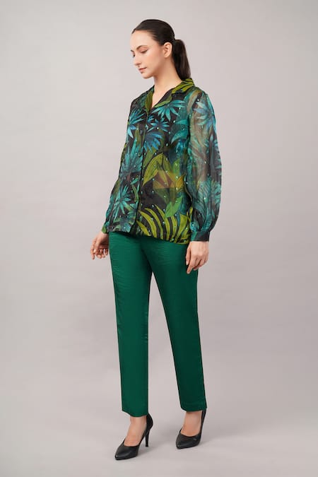 Abraham And Thakore_Green Organza, Viscose Sequins Collared, V-neck Jungle Shirt _Online_at_Aza_Fashions