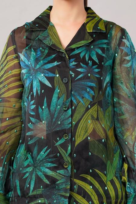 Buy_Abraham And Thakore_Green Organza, Viscose Sequins Collared, V-neck Jungle Shirt _Online_at_Aza_Fashions
