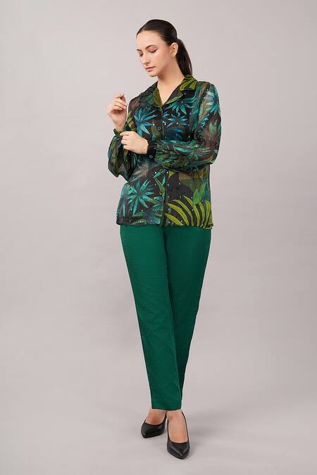 Abraham And Thakore_Green Organza, Viscose Sequins Collared, V-neck Jungle Shirt _at_Aza_Fashions