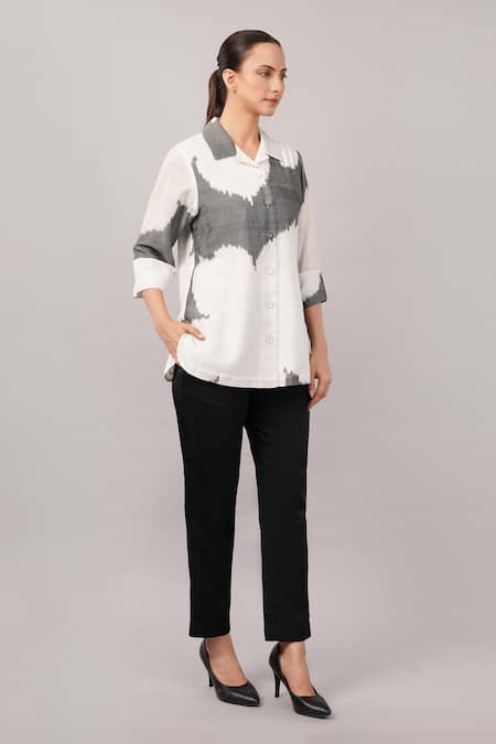 Abraham And Thakore Gray Tencel, Cotton Collared Ikat Flower Shirt Online at Aza Fashions Abraham And Thakore_Gray Tencel, Cotton Collared Ikat Flower Shirt _Online_at_Aza_Fashions
