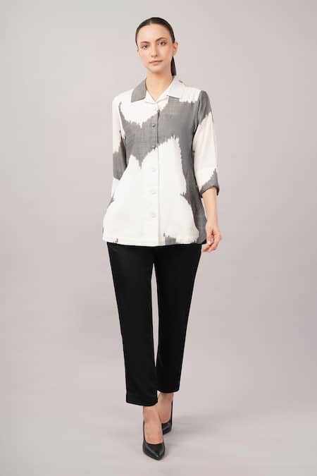Buy Abraham And Thakore Gray Tencel, Cotton Collared Ikat Flower Shirt Online at Aza Fashions Buy_Abraham And Thakore_Gray Tencel, Cotton Collared Ikat Flower Shirt _Online_at_Aza_Fashions