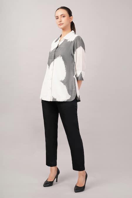 Shop Abraham And Thakore Gray Tencel, Cotton Collared Ikat Flower Shirt Online at Aza Fashions Shop_Abraham And Thakore_Gray Tencel, Cotton Collared Ikat Flower Shirt _Online_at_Aza_Fashions