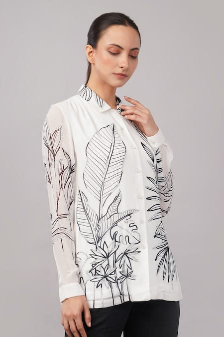 Abraham And Thakore_Ivory Viscose Georgette Sequins Collared Jungle Print Shirt _at_Aza_Fashions