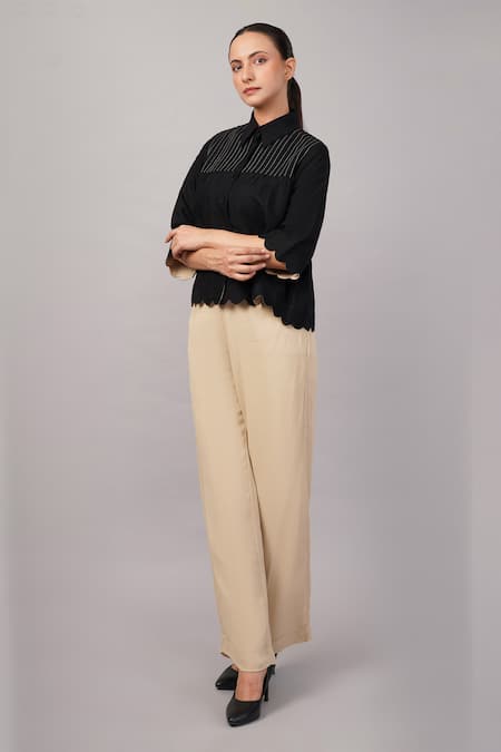 Abraham And Thakore_Black Linen, Viscose Embroidery, Cut Work Collared Scallop Shirt _Online_at_Aza_Fashions