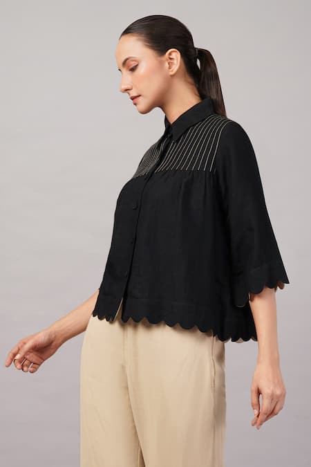 Buy_Abraham And Thakore_Black Linen, Viscose Embroidery, Cut Work Collared Scallop Shirt _Online_at_Aza_Fashions