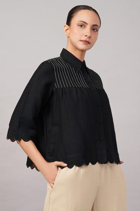 Shop_Abraham And Thakore_Black Linen, Viscose Embroidery, Cut Work Collared Scallop Shirt _Online_at_Aza_Fashions