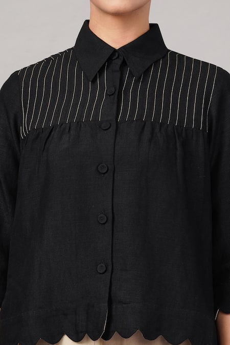 Abraham And Thakore_Black Linen, Viscose Embroidery, Cut Work Collared Scallop Shirt _at_Aza_Fashions