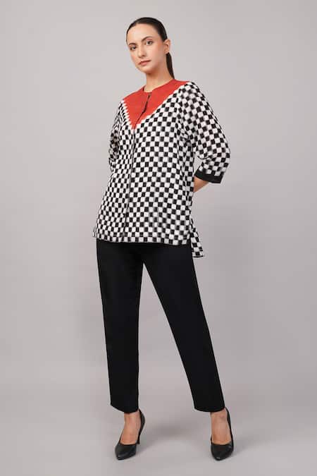 Abraham And Thakore Black Tencel Mandarin Collar Checkerboard Ikat Top Online at Aza Fashions Abraham And Thakore_Black Tencel Mandarin Collar Checkerboard Ikat Top _Online_at_Aza_Fashions