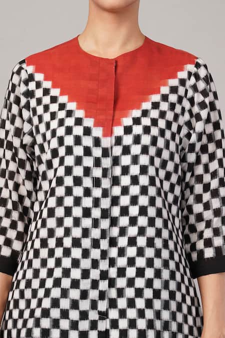 Abraham And Thakore Black Tencel Mandarin Collar Checkerboard Ikat Top at Aza Fashions Abraham And Thakore_Black Tencel Mandarin Collar Checkerboard Ikat Top _at_Aza_Fashions
