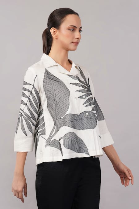 Abraham And Thakore_Ivory Linen Applique Collared, V-neck Leaf Top _Online_at_Aza_Fashions