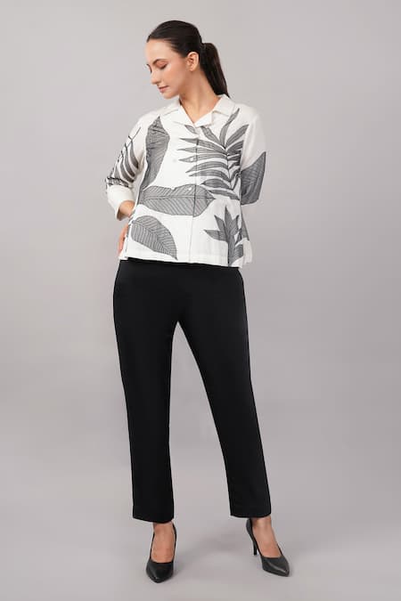 Buy_Abraham And Thakore_Ivory Linen Applique Collared, V-neck Leaf Top _Online_at_Aza_Fashions