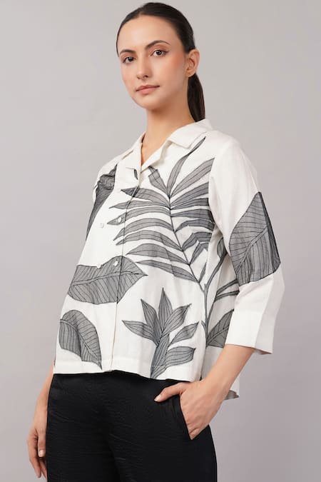 Shop_Abraham And Thakore_Ivory Linen Applique Collared, V-neck Leaf Top _Online_at_Aza_Fashions