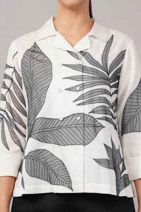 Abraham And Thakore_Ivory Linen Applique Collared, V-neck Leaf Top _at_Aza_Fashions