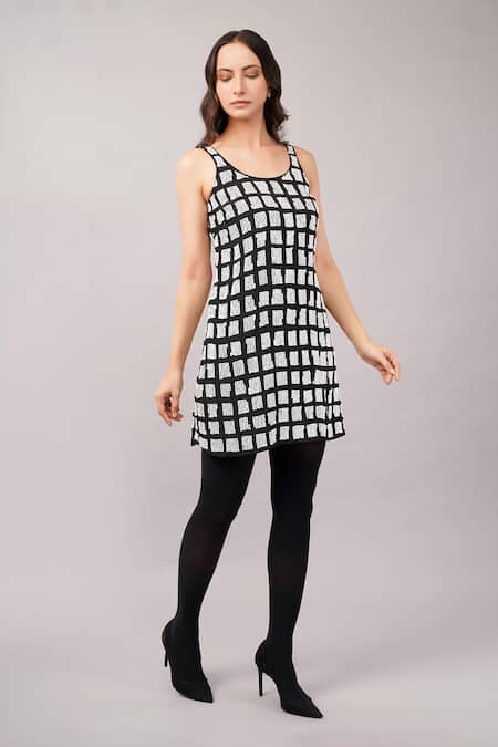 Abraham And Thakore_Black Viscose Georgette Sequins Round Neck Tiles Dress _Online_at_Aza_Fashions