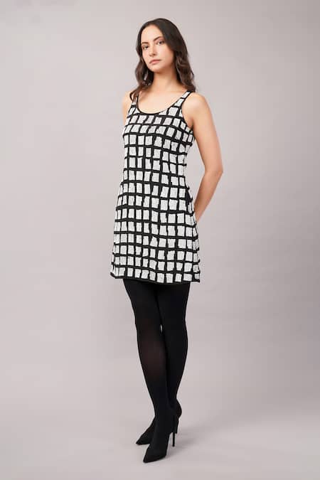 Buy_Abraham And Thakore_Black Viscose Georgette Sequins Round Neck Tiles Dress _Online_at_Aza_Fashions