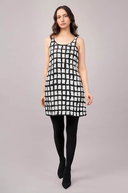 Shop_Abraham And Thakore_Black Viscose Georgette Sequins Round Neck Tiles Dress _Online_at_Aza_Fashions