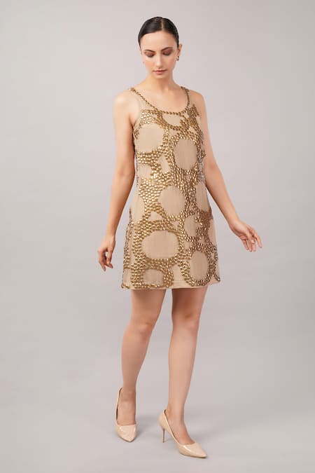 Buy_Abraham And Thakore_Beige Viscose, Organza Sequins Round Neck French Cut Rings Dress _Online_at_Aza_Fashions