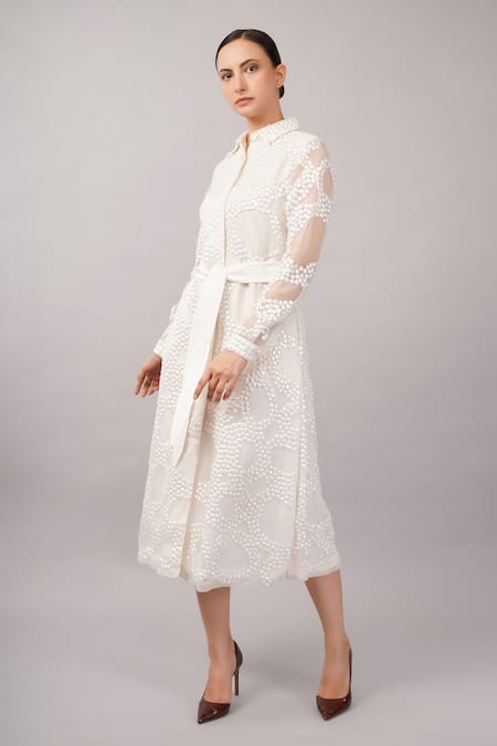 Buy Abraham And Thakore Ivory Viscose, Organza Sequins, Embroidery Collared French Cut Rings Dress Online at Aza Fashions Buy_Abraham And Thakore_Ivory Viscose, Organza Sequins, Embroidery Collared French Cut Rings Dress _Online_at_Aza_Fashions