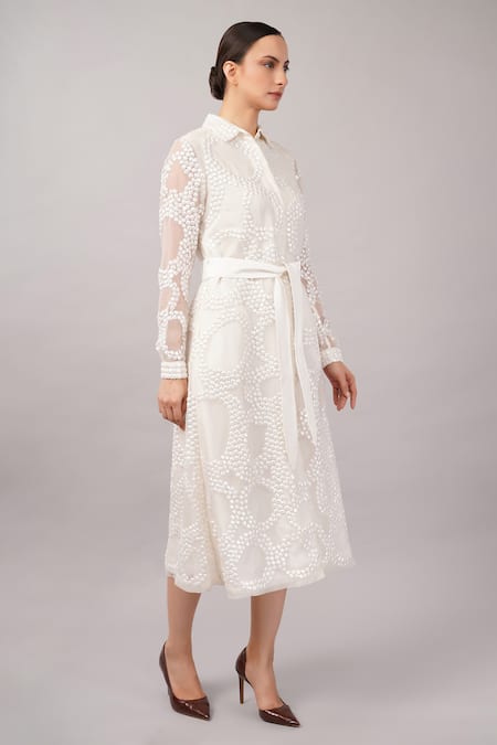 Shop Abraham And Thakore Ivory Viscose, Organza Sequins, Embroidery Collared French Cut Rings Dress Online at Aza Fashions Shop_Abraham And Thakore_Ivory Viscose, Organza Sequins, Embroidery Collared French Cut Rings Dress _Online_at_Aza_Fashions