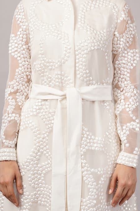 Abraham And Thakore Ivory Viscose, Organza Sequins, Embroidery Collared French Cut Rings Dress at Aza Fashions Abraham And Thakore_Ivory Viscose, Organza Sequins, Embroidery Collared French Cut Rings Dress _at_Aza_Fashions