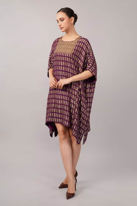 Abraham And Thakore_Purple Sequins Round Neck Lozenge Brocade Dress _Online_at_Aza_Fashions
